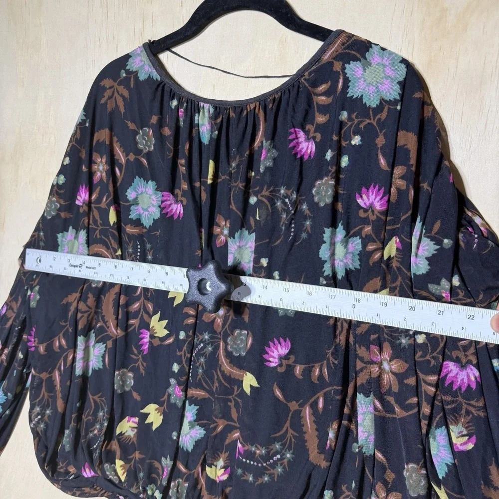 Free People Women's XS Floral Peasant Blouse Black Boho Balloon Sleeve Top